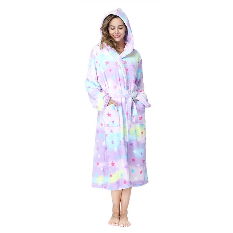 RONGTAI Womens Robes Plush Fleece Print Star Hooded Bathrobe Thick Nightgown with Pockets Fluffy Sleepwear XX-Large - Image 2